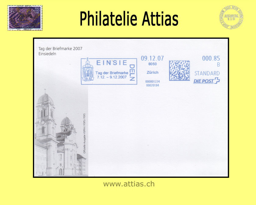 CH 2007 Stamp Day Einsiedeln SZ, cover C6 cancelled with franking machine VSPhV 09.12.07 8050 Zürich