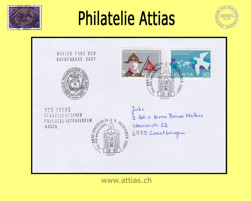 CH 2007 Stamp Day Einsiedeln SZ, society cover cancelled 9. Dezember 2007 8840 Einsiedeln - Basler Tage der Briefmarke