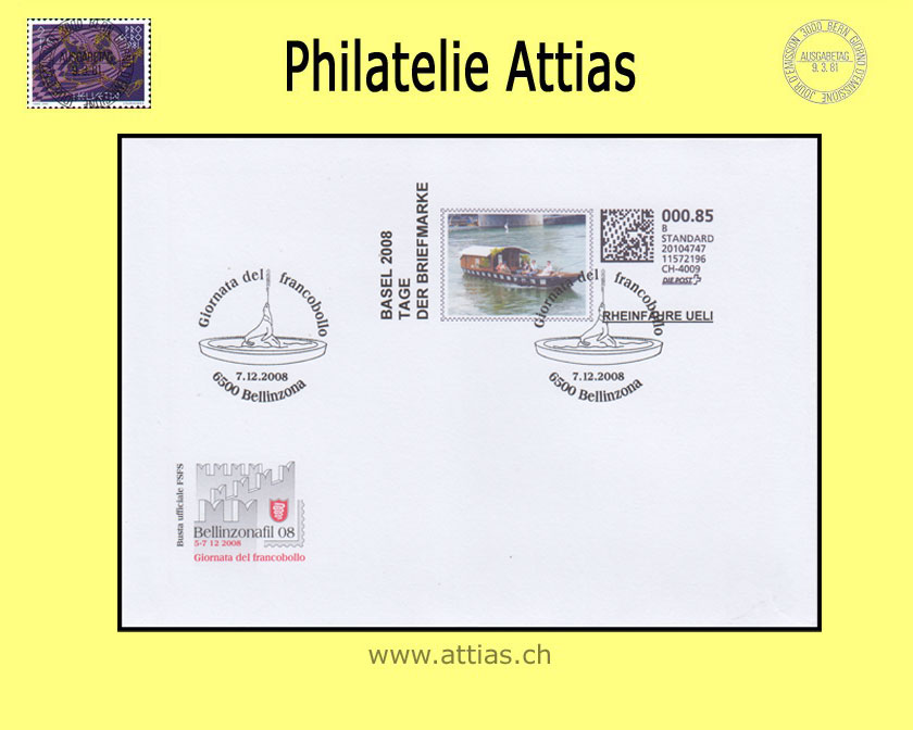 CH 2008 TdB Bellinzona TI, Umschlag C6 mit Webstamp Basel 2008 gestempelt 07.12.2008 6500 Bellinzona