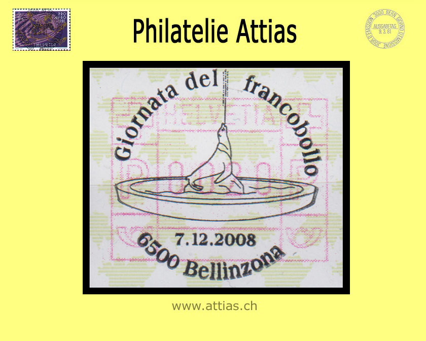 CH 2008 Stamp Day Bellinzona TI, Special cancellation Giornata del Francobollo Bellinzona 2008 on Frama stamp (ATM)