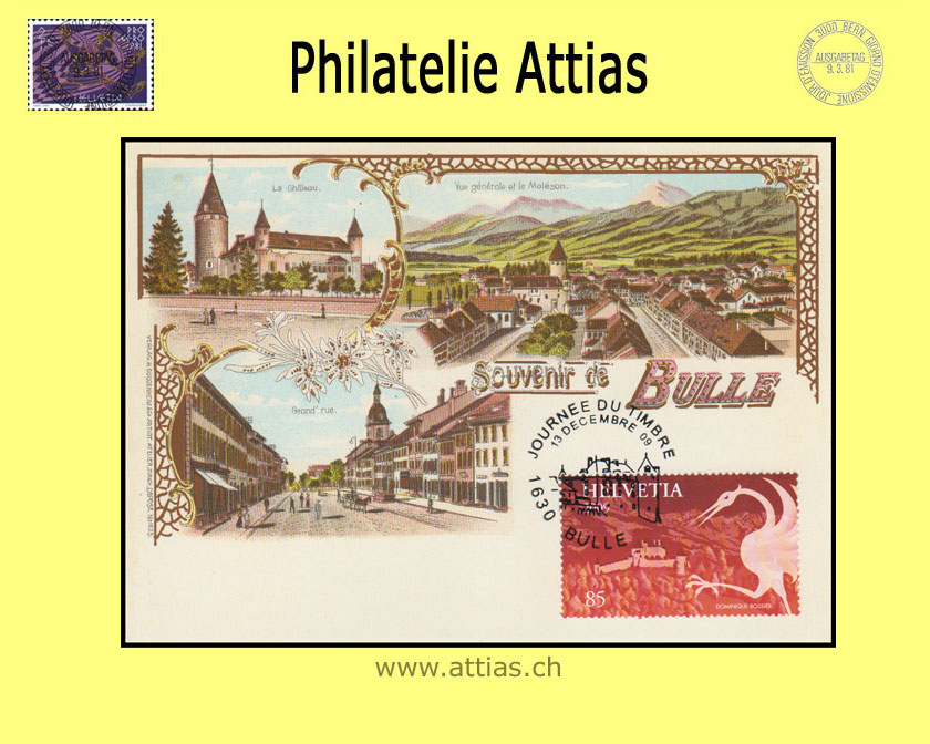 CH 2009 TdB Bulle FR, Bildpostkarte als Maximumkarte verwendet gestempelt 13 decembre 09 1630 Bulle - Journée du timbre