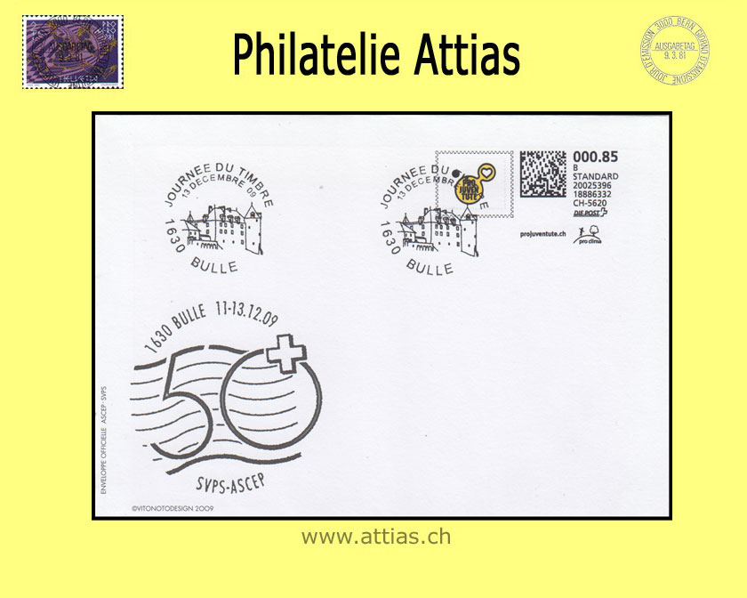 CH 2009 Stamp Day Bulle FR, society cover SVPS with webstamp cancelled 13 decembre 09 1630 Bulle Journée du timbre