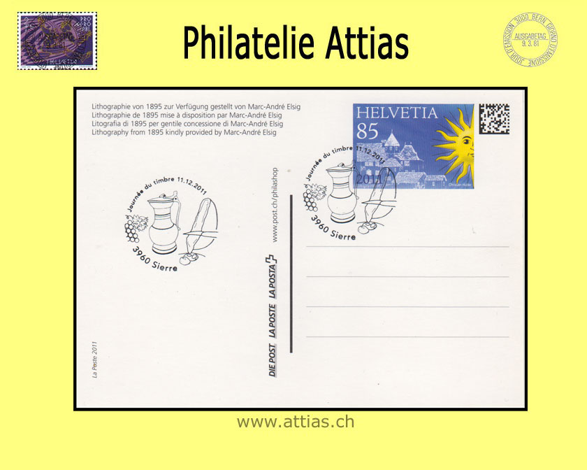 CH 2011 Stamp Day Sierre VS, postal card cancelled 11.12.2011 3960 Sierre - Journée du timbre