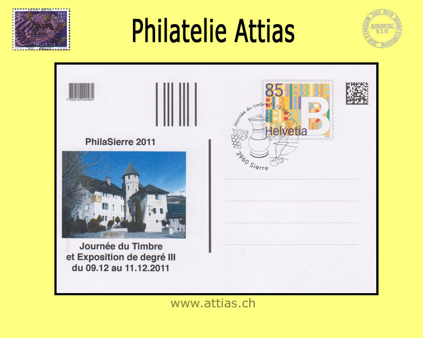 CH 2011 TdB Sierre VS, postal card imprint PhilaSierre cancelled 11.12.2011 3960 Sierre (Postal stationery B-Post)