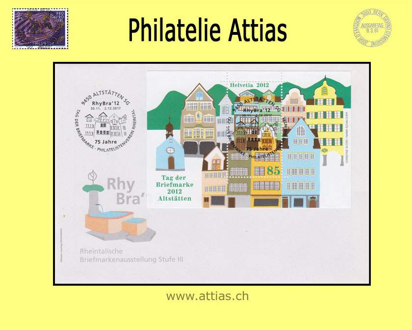 CH 2012 Stamp Day Altstätten SG, cover C6  with bloc cancelled  30.11.-2.12.2012 9450 Altstätten