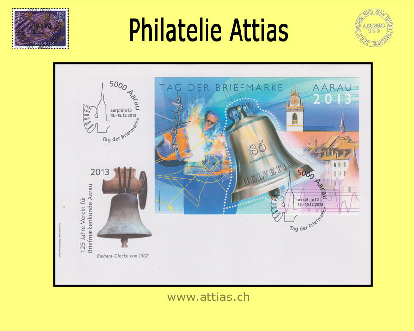 CH 2013 Stamp Day Aarau AG, cover C6  with bloc cancelled  13.-15.12.2013 5000 Aarau