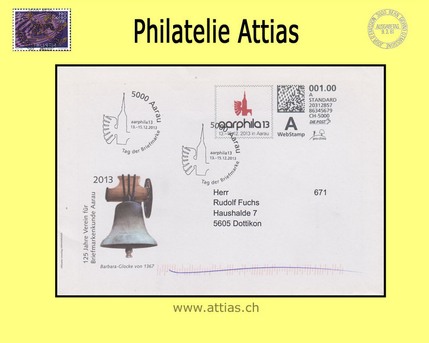 CH 2013 Stamp Day Aarau AG, with webstamp cancelled 13.-15.12.2013 5000 Aarau