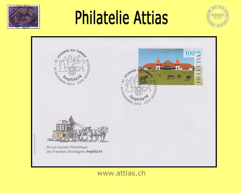 CH 2014 Stamp Day Saignelégier JU, cover C6  with stamp out of bloc cancelled  28.-30.11.2014 2350 Saignelégier