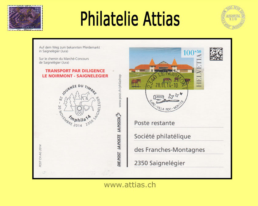 CH 2014 Stamp Day Saignelégier JU, postal card with imprint Transport par Diligence cancelled 28.11.14 2340 Le Noirmont