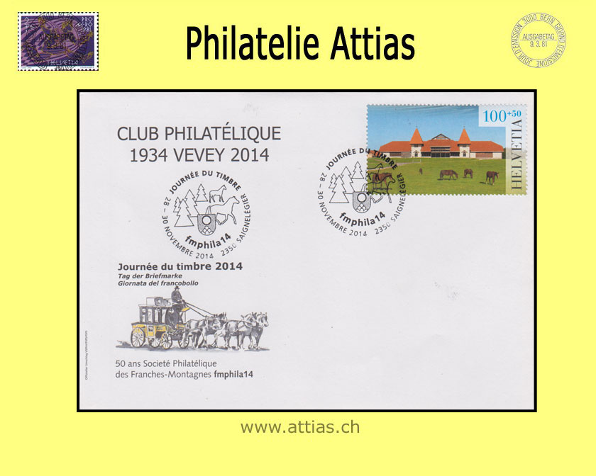 CH 2014 Stamp Day Saignelégier JU, cover C6  with bloc cancelled  28.-30.11.2014 2350 Saignelégier, Imprint Vevey