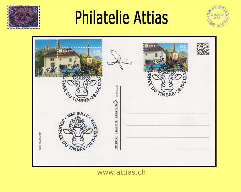 CH 2019 TdB Bulle FR, Bildpostkarte gestempelt 28.11.-1.12.2019 1630 Bulle mit Unterschrift des Entwerfers