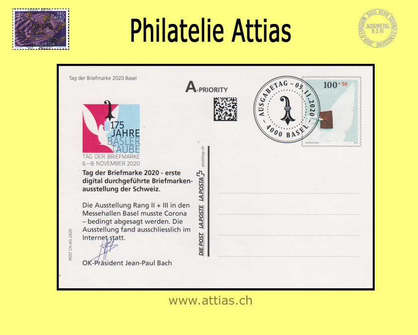 CH 2020 TdB Basel BS, Bildpostkarte gestempelt 5.11.2020 4000 Basel - Ausgabetag Zudruck Absage Austellung