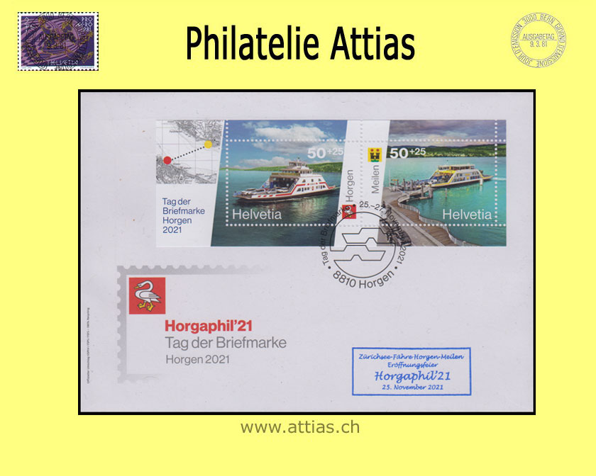 CH 2021 Stamp Day Horgen ZH, cover C6 with bloc with blue addon Cancellation "Horgaphil'21", 25.-27.11.2021 8810 Horgen