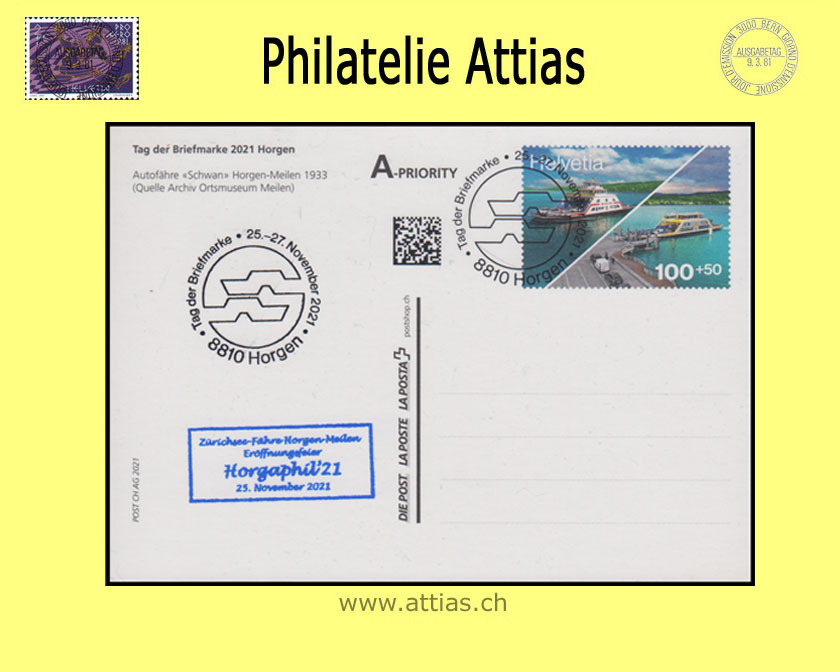 CH 2021 Stamp Day Horgen ZH, postal card with blue addon Cancel. "Horgaphil'21" cancelled 25.-27.11.2021 8810 Horgen