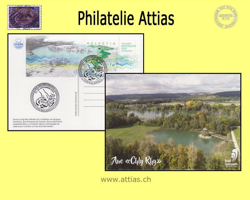 CH 2024 TdB Zurzach AG, Ansichtskarte "Aue Chly Rhy" gestempelt 21.-23.11.2024 5330 Bad Zurzach